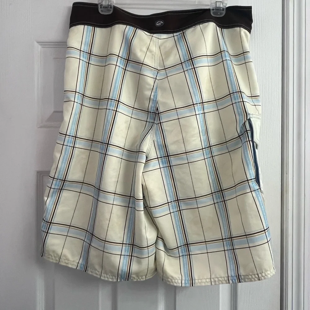 Kirra Men’s Board Shorts Yellow Checkered Pattern Brown Border Drawstring 34 - Picture 8 of 10